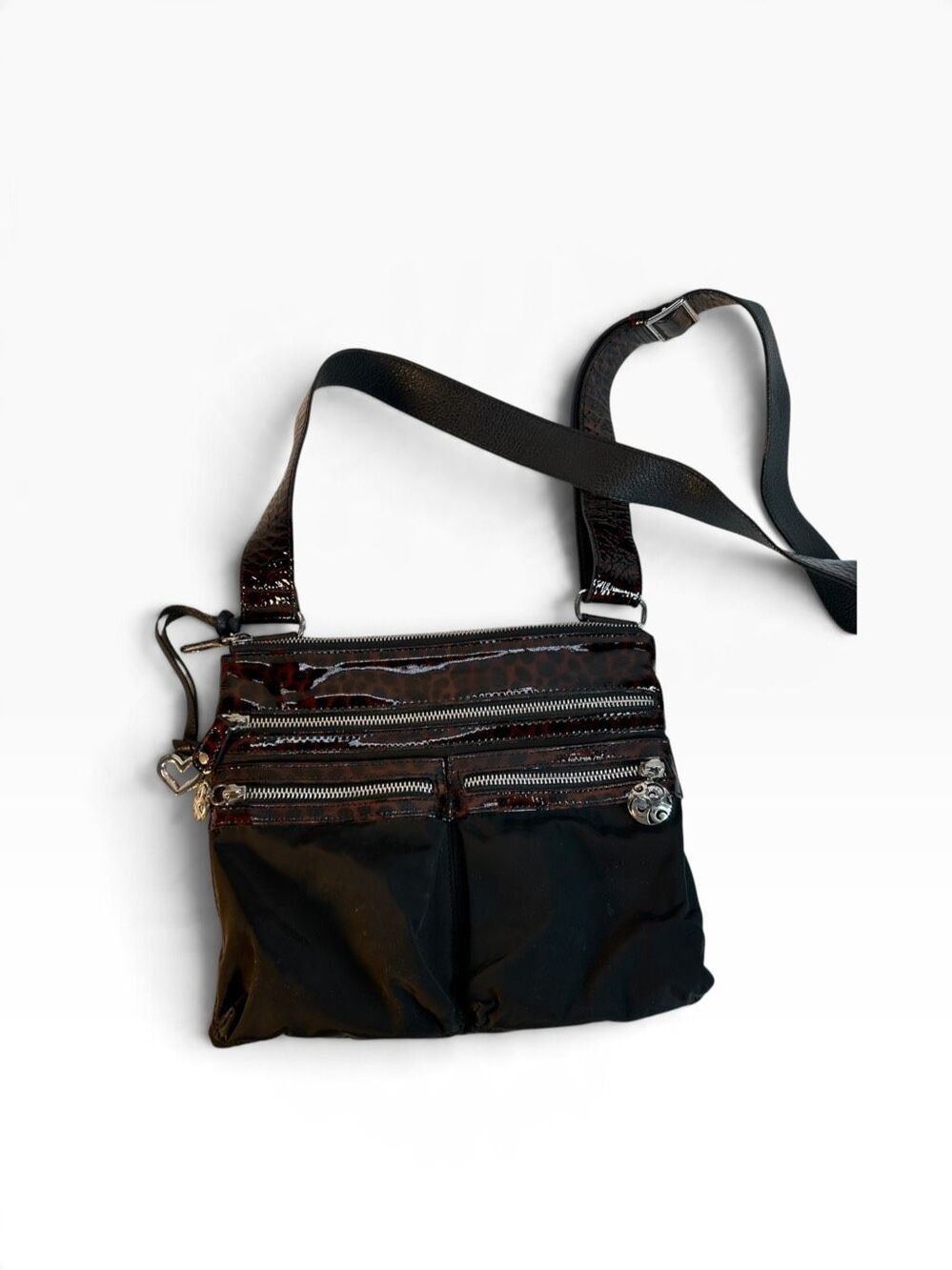 Brighton Black Nylon Tortoise Patent Leather Leopard Go Go Crossbody U760989